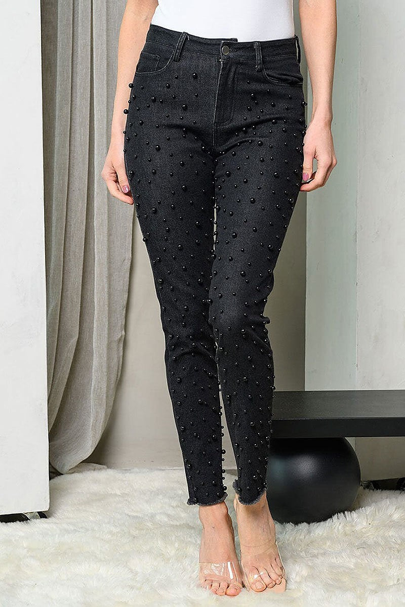 Bead skinny denim pants (EDWT9186)