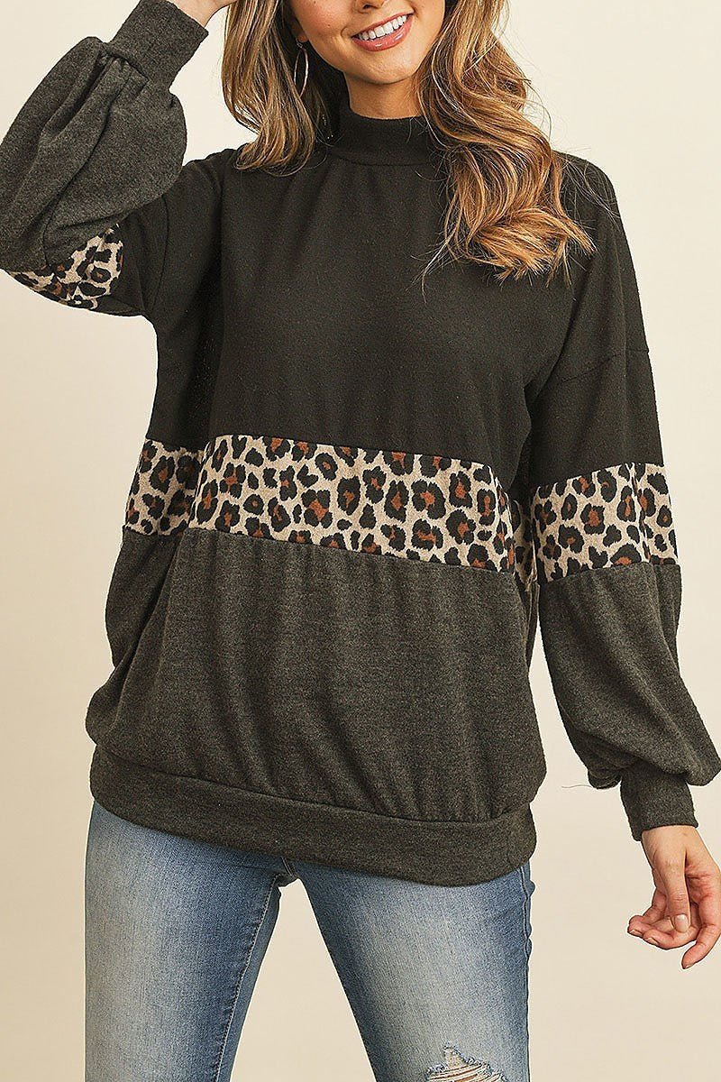 Long sleeve leopard contrast puff sleeve color (DGS4868-LAST)