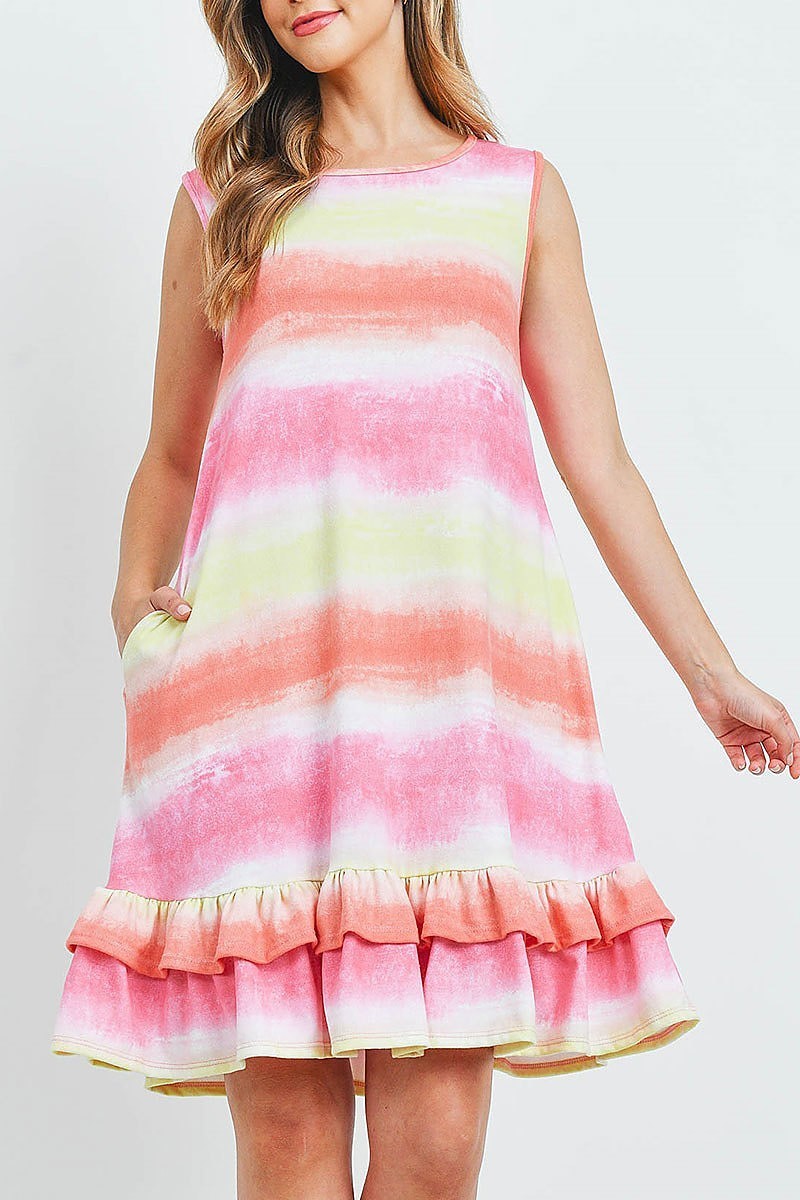 Tie dye layered ruffle hem tank dress (DED6252)