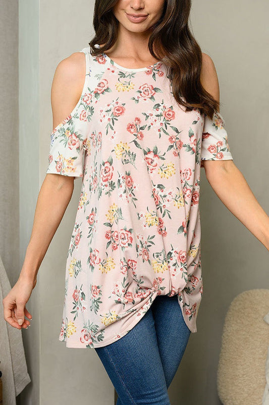 Cold shoulder floral front knot top (EDWT5493)