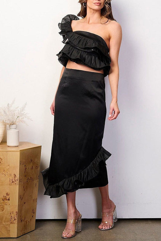 One shoulder crop top & maxi skirt ruffle set (EFWT8536)