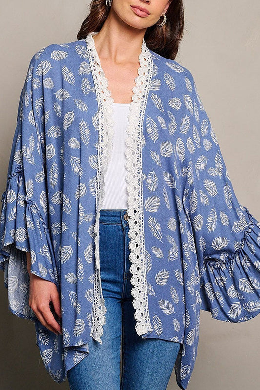 Long sleeve open front trim detailed leaf kimono (EGWT1821)