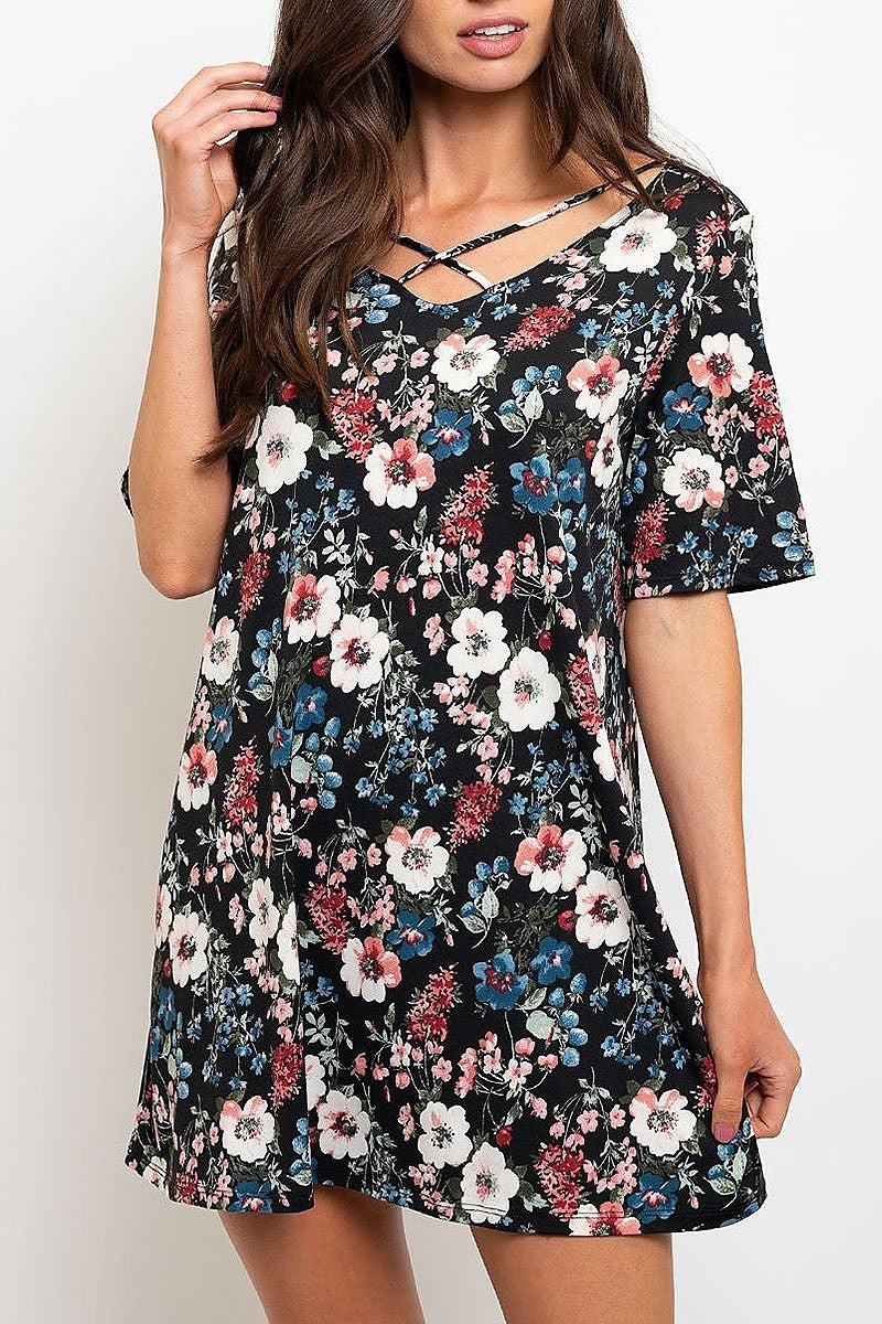 Crisscross neck floral print mini dress (EDWT2233)