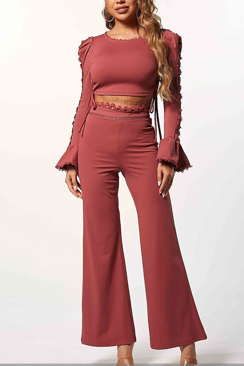 Long sleeve crop top & trim detailed pants set (EGWT1094)