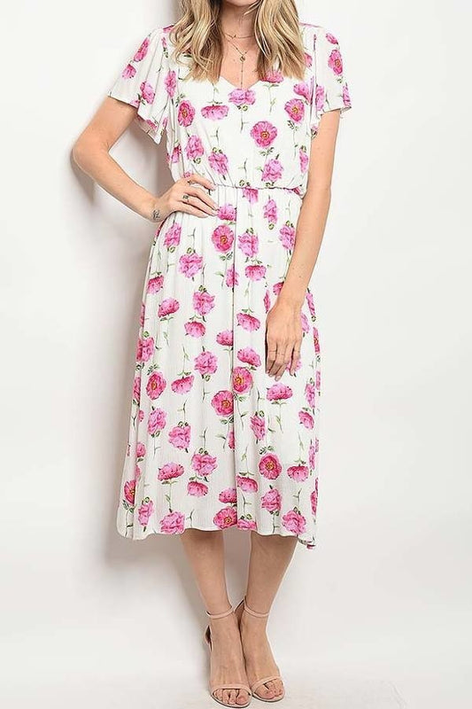 V neck floral print flutter sleeve elastic waist midi (DGD8586-LAST)