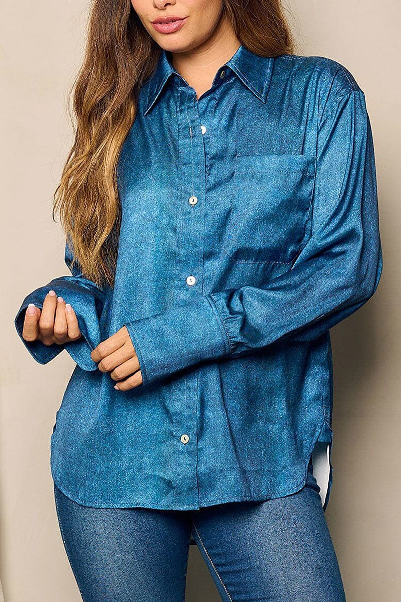 Front pocket button up washed blouse top (EFWT4817)