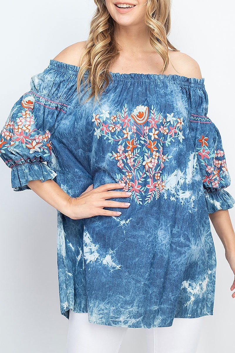 Floral embroidered off shoulder tie dye top (EF1310)