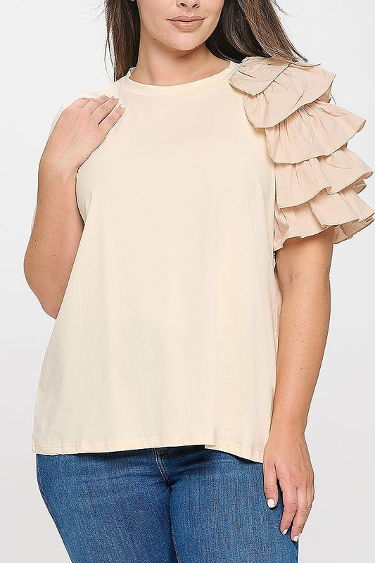 Plus size one sleeve layered ruffle solid top (XDG8262)