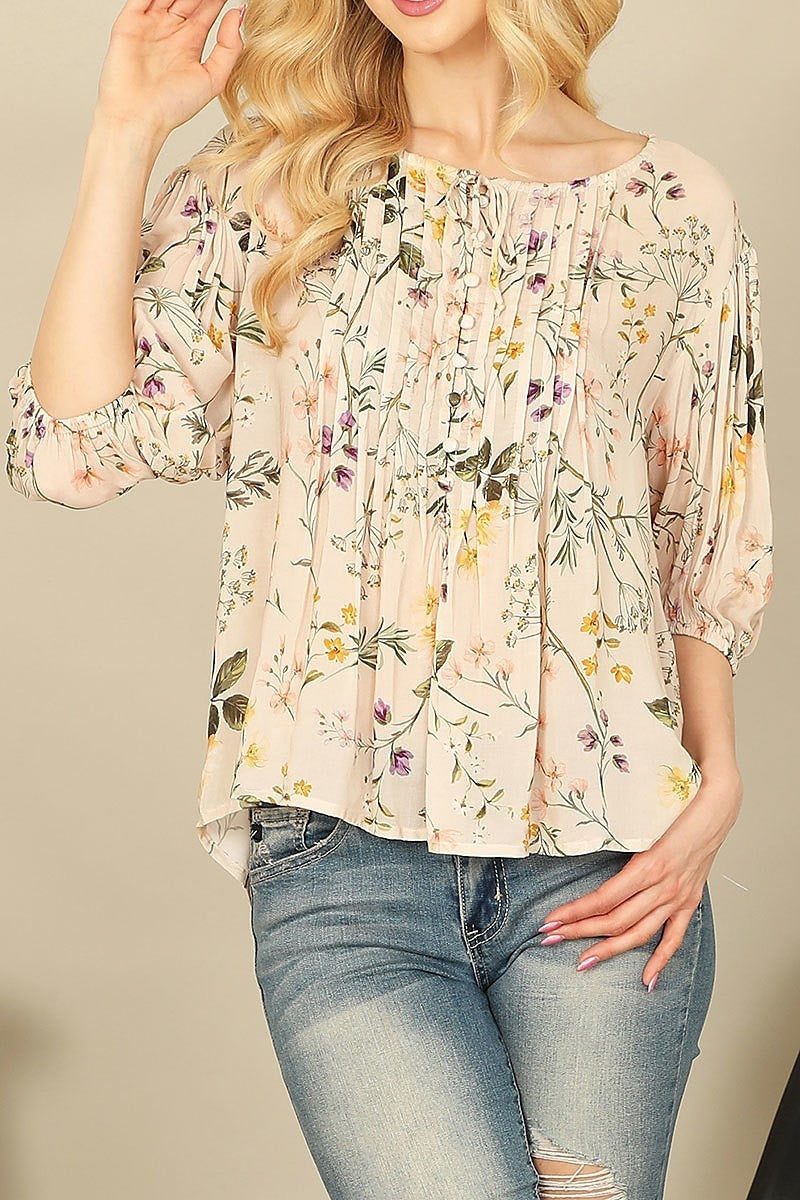 Pleated front quarter sleeve floral top (EF7396)