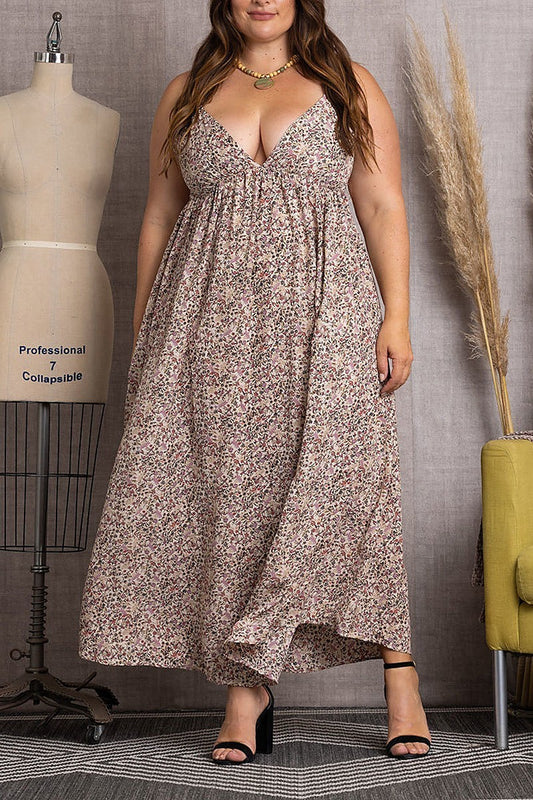 Floral spaghetti strap self tie back maxi dress (EDSW3547)