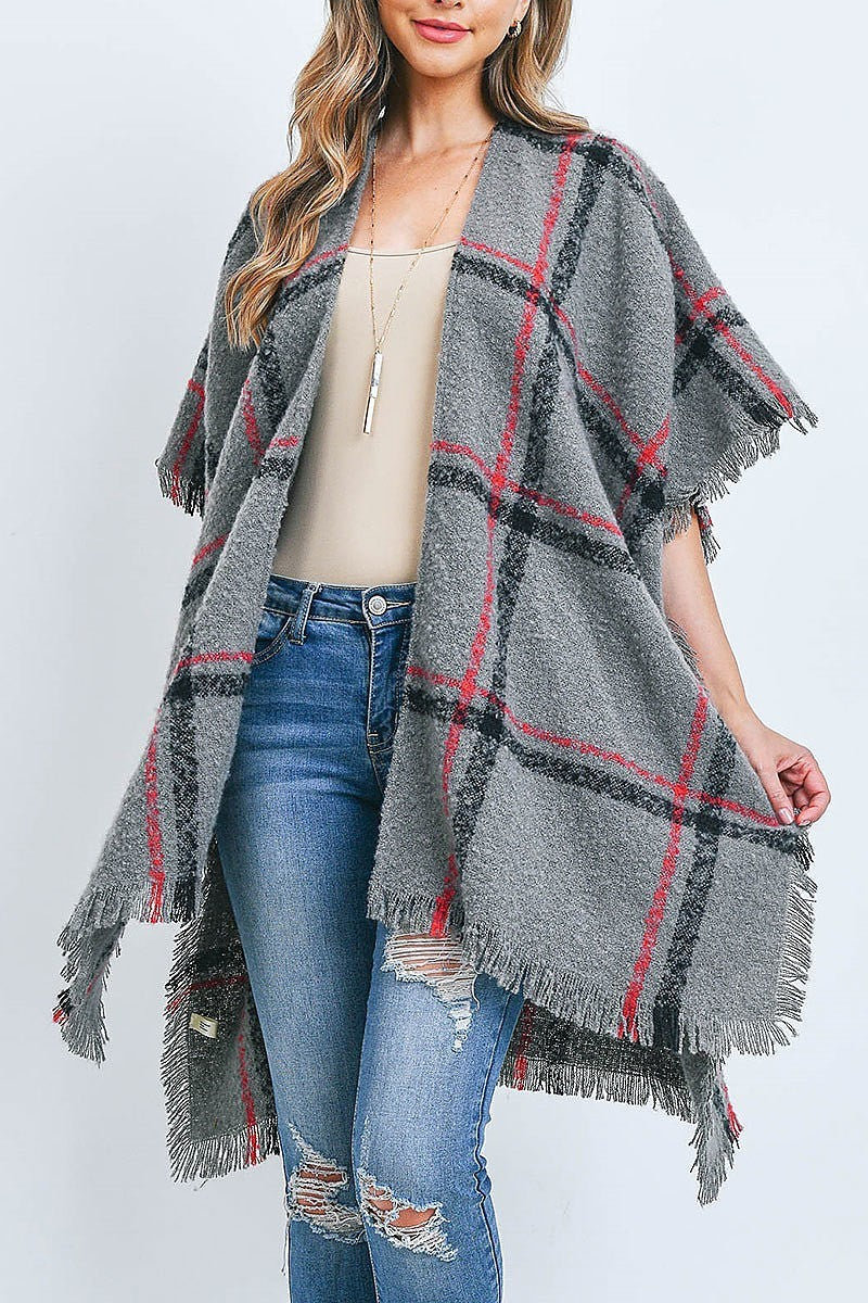 Plaid open front fringe kimono (DGS5409)