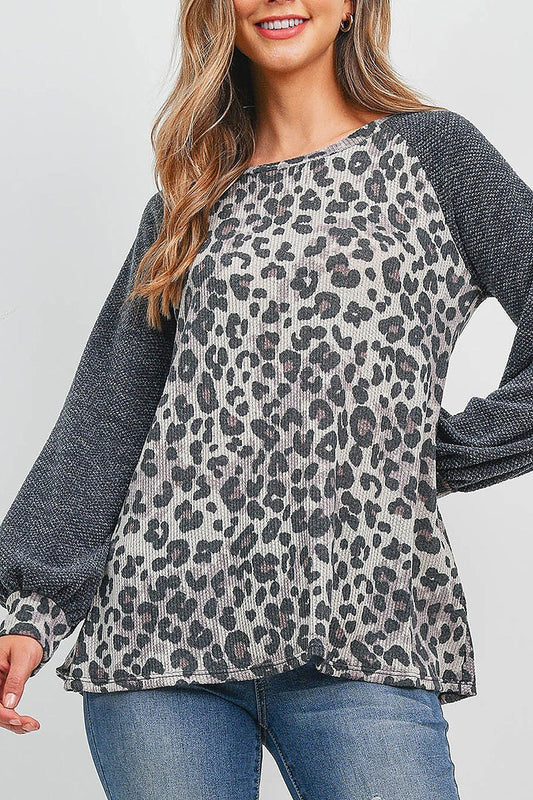 Rib puff sleeves drake leopard top (EF1874)