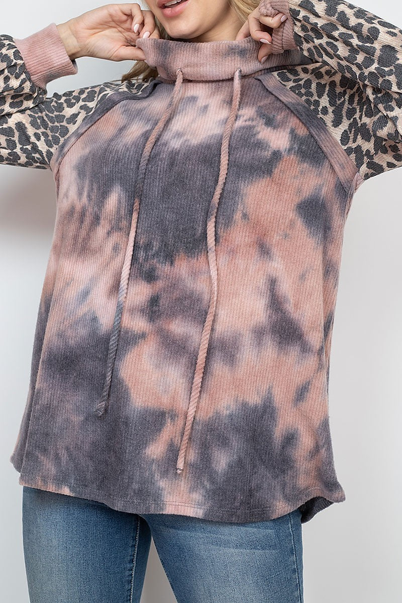 Leopard tie dye cowl neck top with self tie (EF1952)