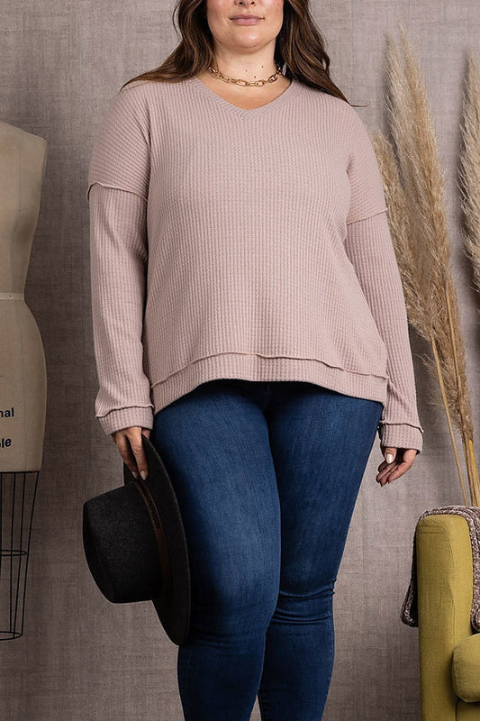 Ribbed knit long sleeves plus size top (EDSW3719)