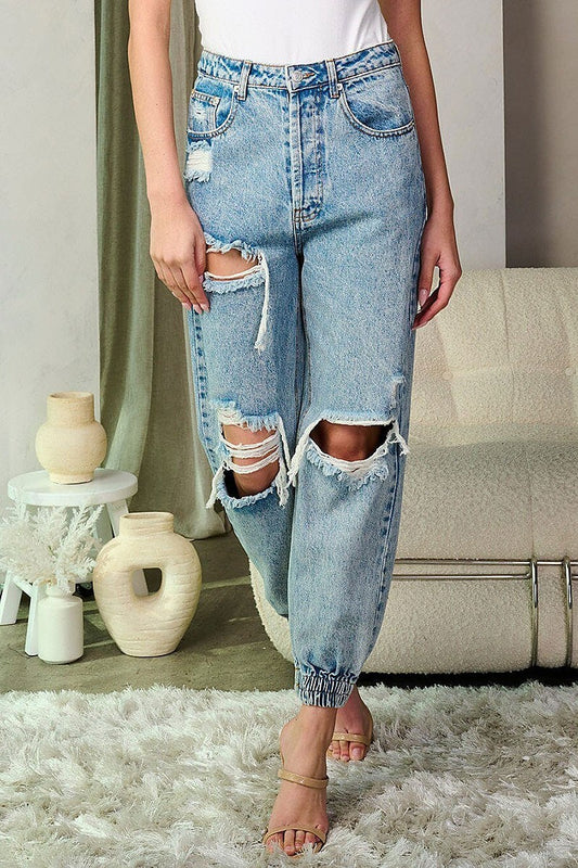 Button closure distress washed denim pants (EFWT9315)