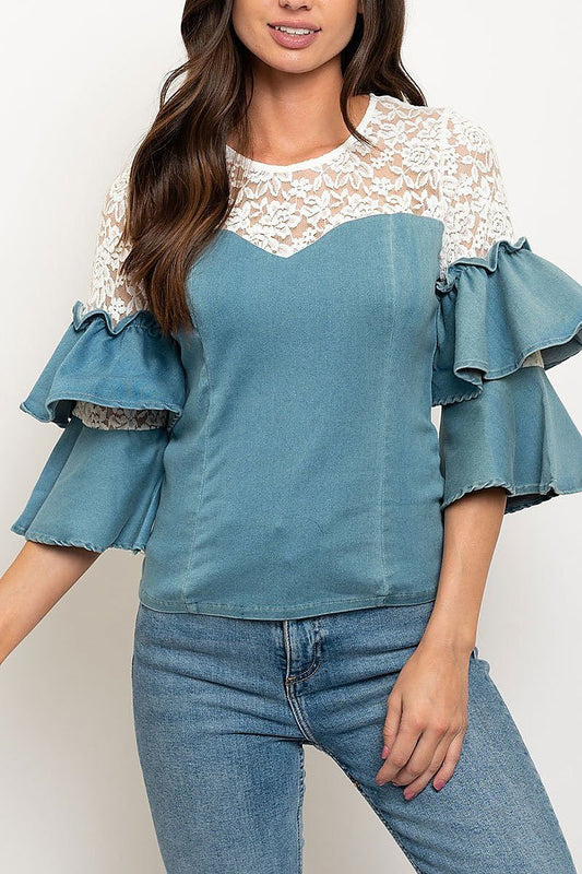 Lace trim ruffle denim top (EDWT2461)