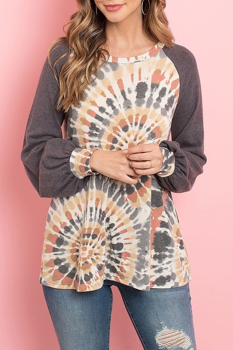 Solid puff sleeves tie dye raglan top (ED8398)