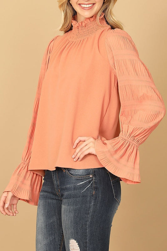 Ruffle turtle neck long bell sleeve solid top (EF7864)