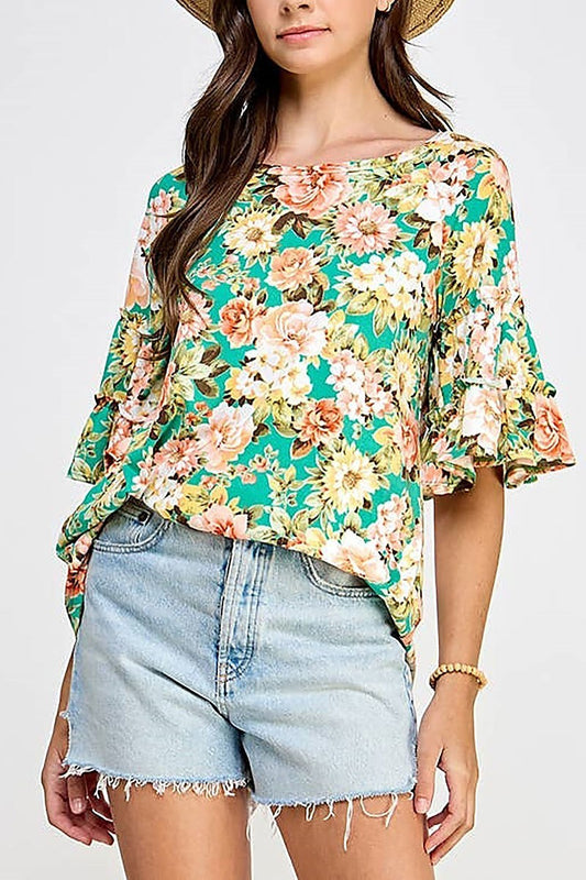 Tiered ruffled bell sleeve floral knit top (XDG8175)