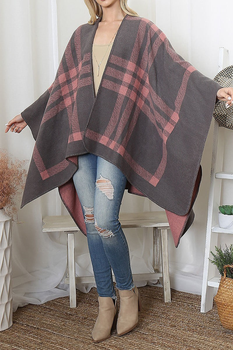 Plaid knit warmer open front kimono (DGS6094)