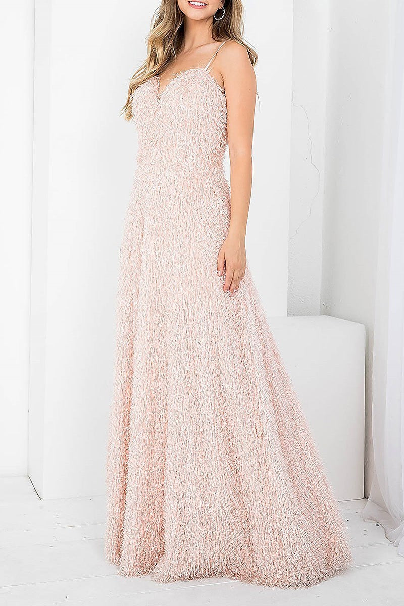 Sweetheart neck furry maxi dress (DED7484)