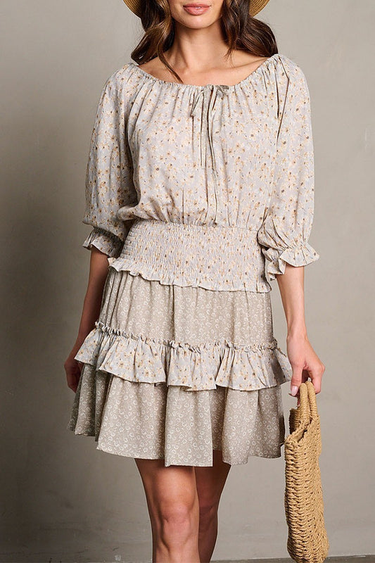 3/4 sleeve smock waist tiered floral mini dress (EGWT2007)