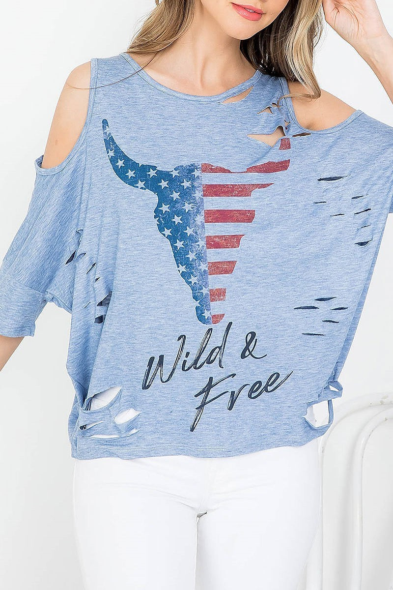 American bull head print wild n free distressed batwing top (EF3696)