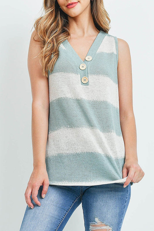 Button trimmed v neck stripe top (EF1461)