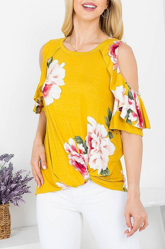 Floral print ruffle detail cutout shoulder top (EF4147)