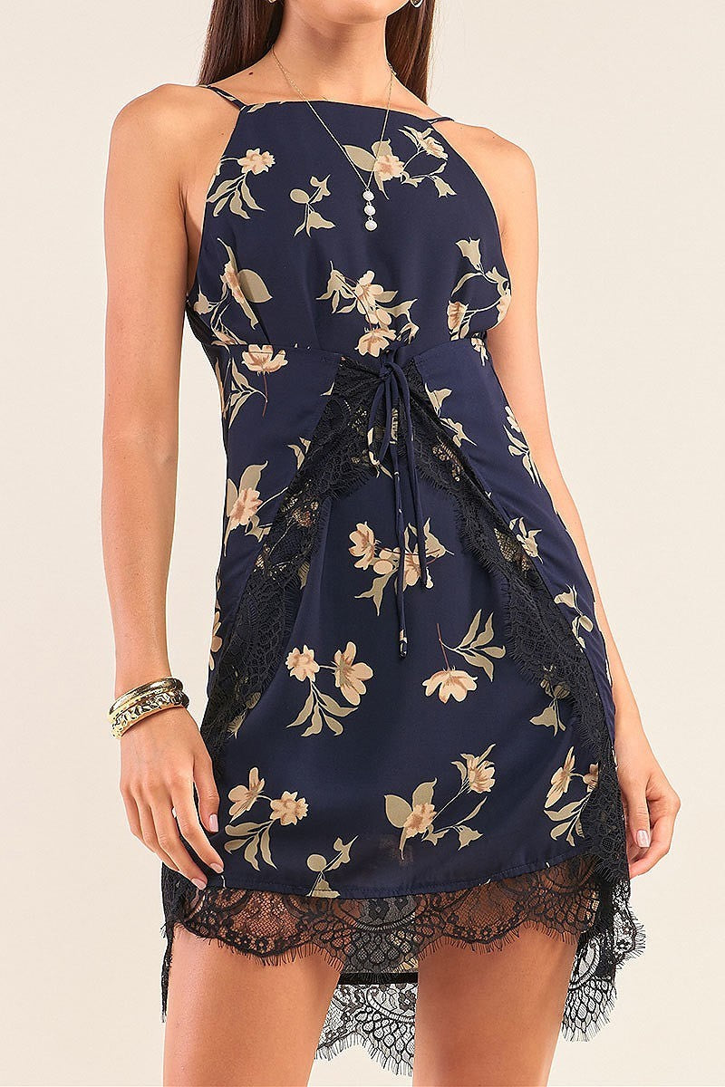 Lace trimmed floral print waist tie dress (TDG7456)