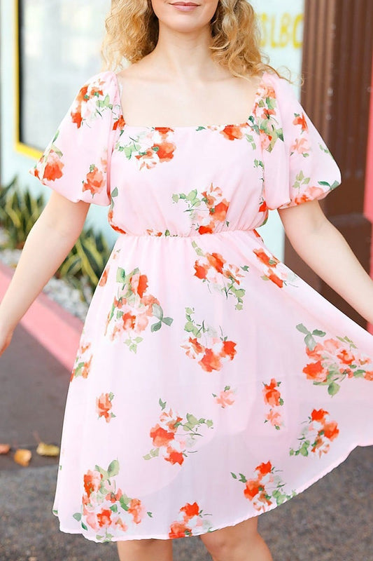 Floral puff bubble short sleeve midi dress (ETBM4590)