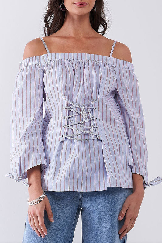 Lace up waist off shoulder stripe top (TDG8121)