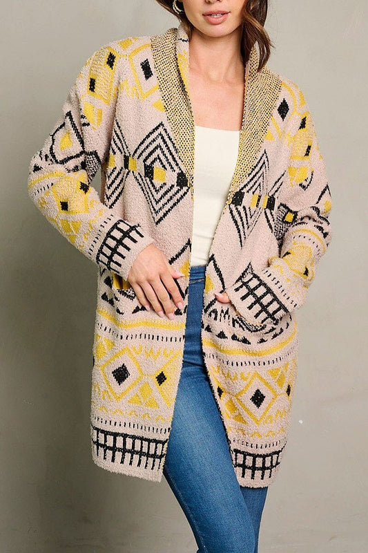 Long sleeve open front pockets colorblock cardigan (EGWT2600)