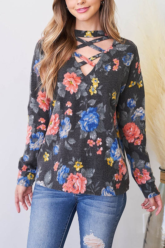 Crisscross neck floral print top (EF2517)