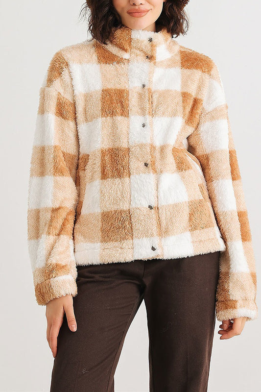 Checkerboard print fuzzy button up jacket (TED2011)