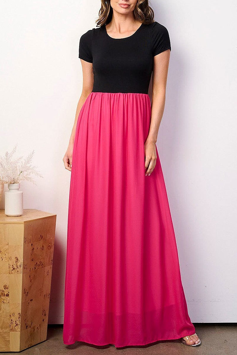 Short sleeve elastic waist colorblock maxi dress (EFWT8912)