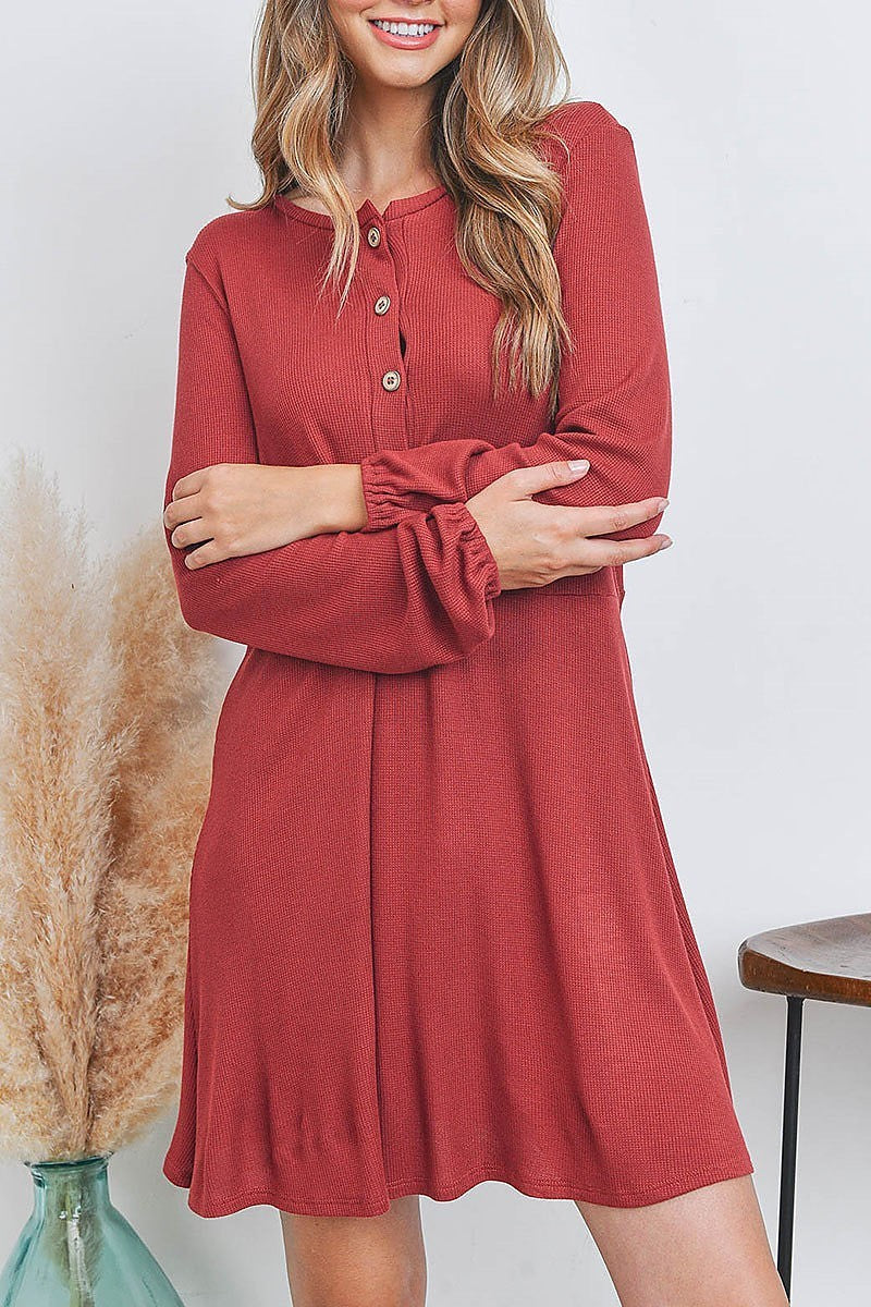 Button front bubble sleeve dress (DED6965)