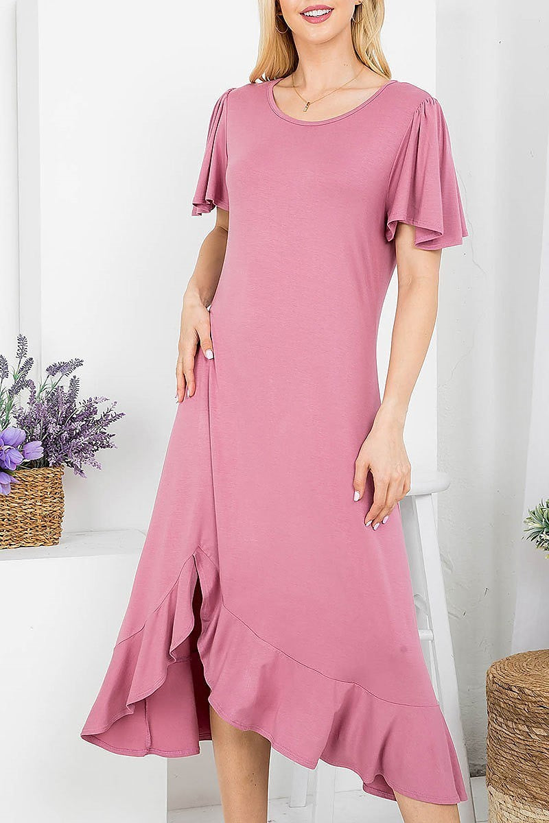 Flutter sleeve aymmetric ruffle hem midi dress (DED7827)