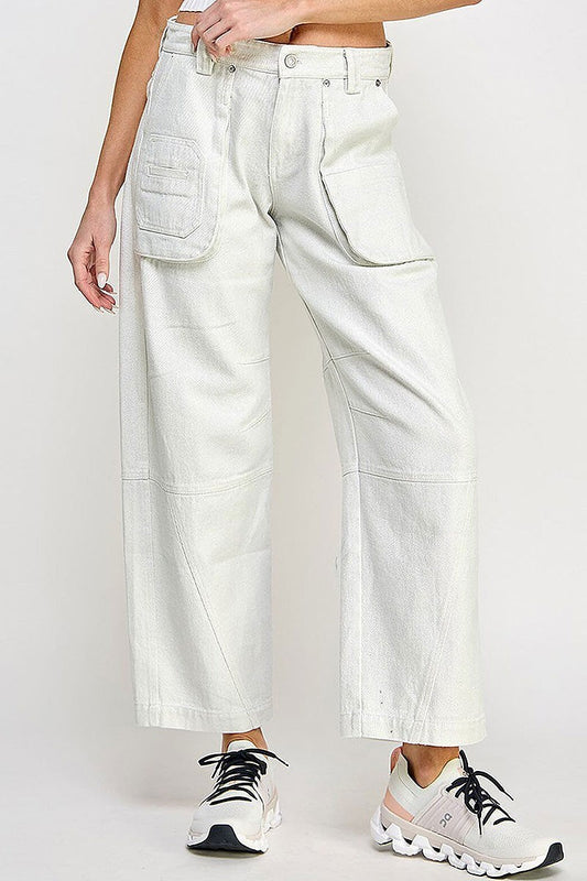 Button closure pockets wide leg shimmer pants (EGWT2544)