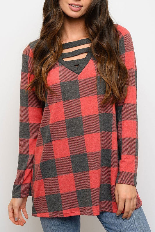 Tunic plaid print long sleeve top (EDWT3301)