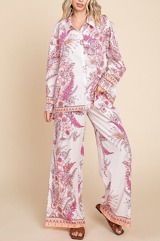 Floral button down shirt and wide leg pants set (EDH1541)