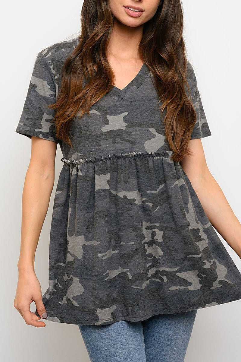 V neck camo print short sleeve top (EDWT3319)