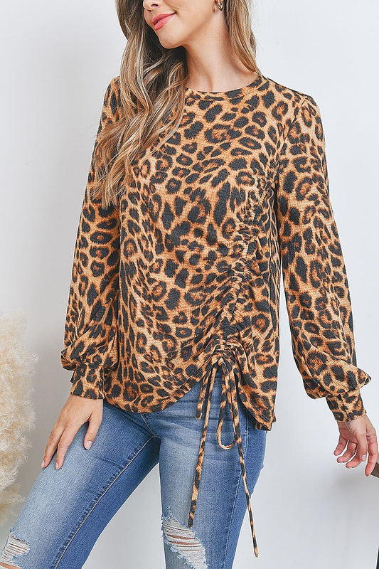 Leopard puff sleeve tie detail tunneled top (EF2694)