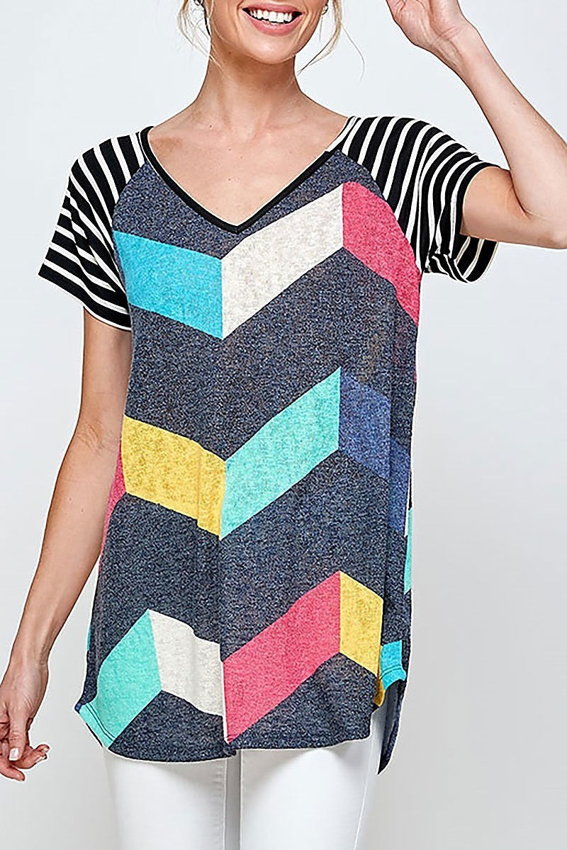 V neck geo stripe color block top (ED9193-LAST)