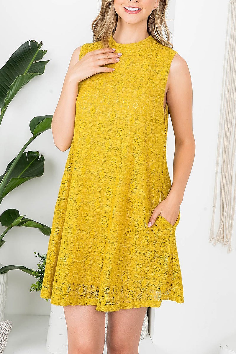 Tribal lace mock neck sleeveless pocketed dress (DED7521)