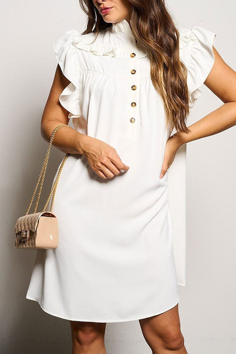 Ruffle sleeve button up mock neck pockets dress (EGWT1180)