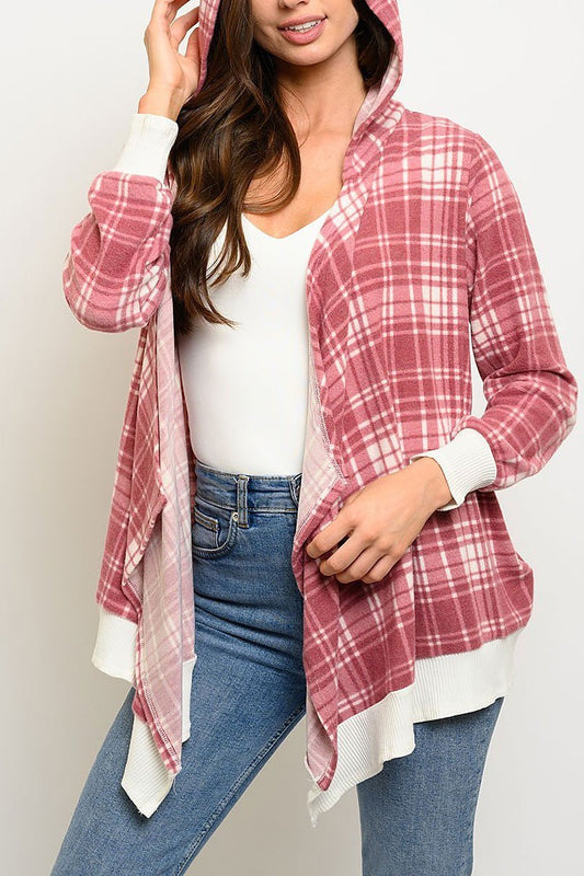 Drape front hoodie plaid cardigan (EDWT6428)