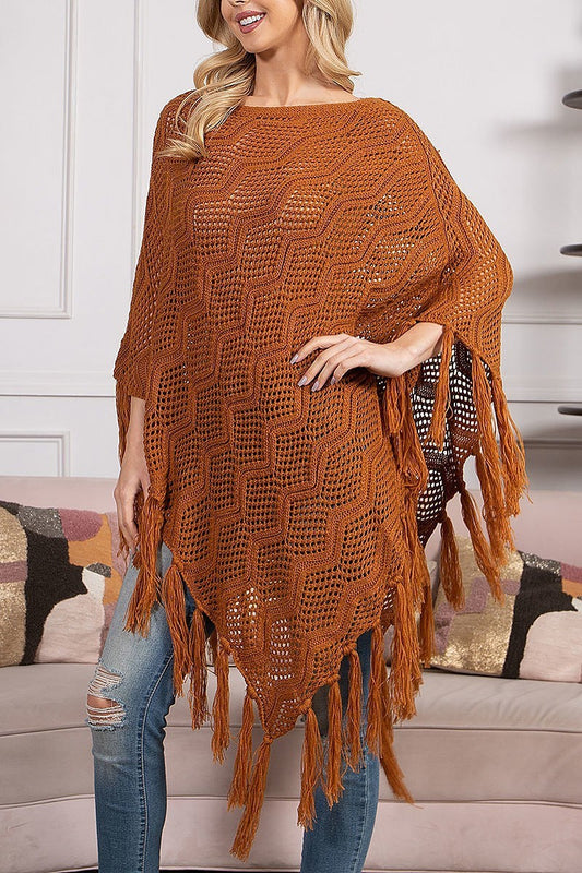 Knitted net wave pattern fringe tassel poncho (DGS5918)