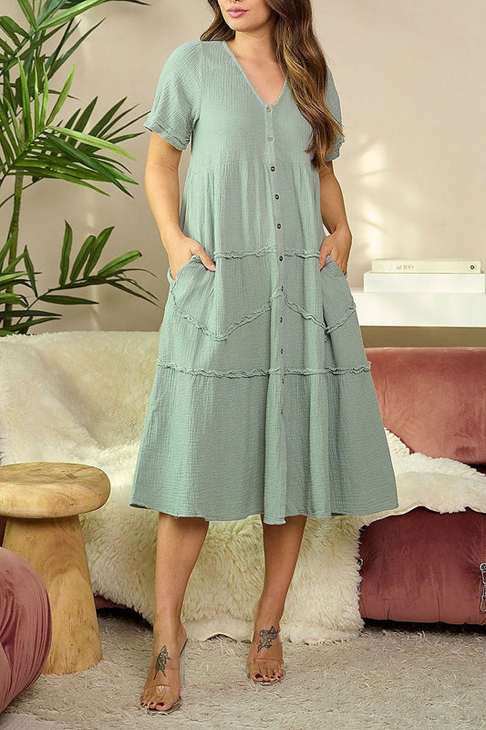 Short sleeve v-neck tiered pockets midi dress (EFWT6024)