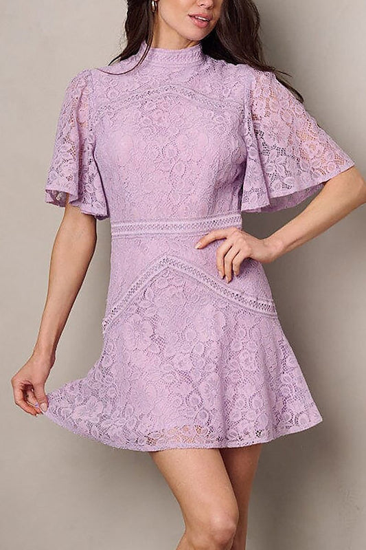 Short sleeve mock neck lace mini dress (EFWT2284)